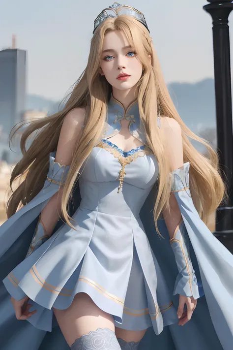 8K，Need，tmasterpiece，high detal，Semi-realistic，1 girl，younger female，19years old，lieutenant，Long blonde hair covered by bangs on his right eye，blue right-eyed，Jewelry Crown，Azure Chinese loli dress，long  skirt，Light gray stockings，slimfigure，