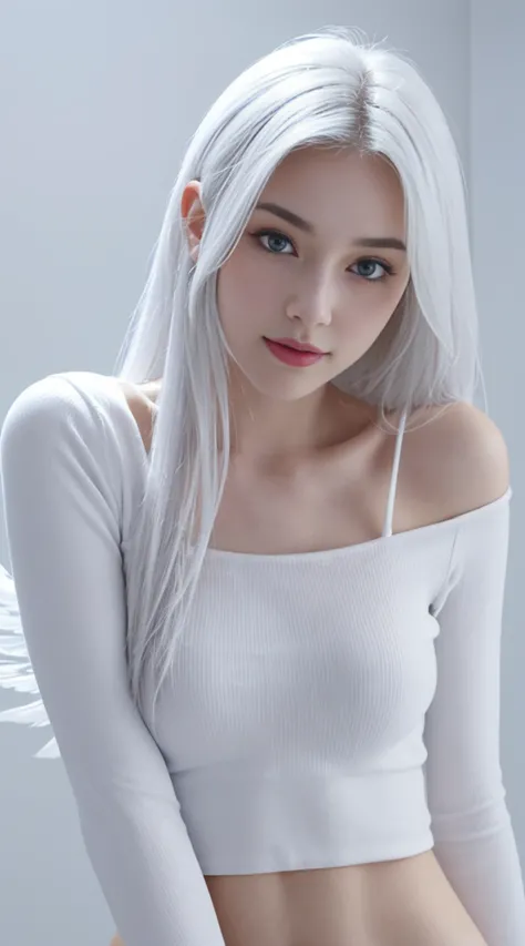 8K, Top Quality, Intricate Details, Ultra Detail, Ultra High Resolution, Masterpiece, random angle,  Slender, Smile, (Makeup: 0.4), (Fluffy Blue Eyes: 1.21), blue Eyes, looking at viewer, ((full body)), 1girl, solo, 1 girl, (( full body)), close up shot, ,...