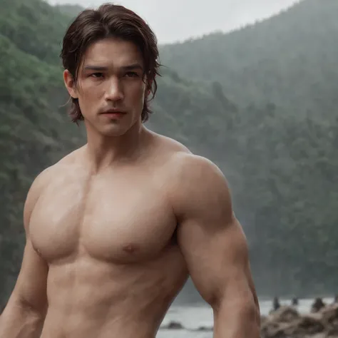 Super muscular and cute Asian men with red thong in the middle of the lake (Renderizado 3D profesional:1.3) de (realista:1.3) The most beautiful art photo in the world，Features soft and bright male heroes, ((Epic hero fantasy muscular rough man wet hero an...