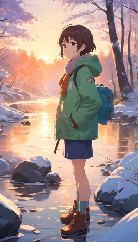 A little girl in a down jacket camps by the river，Winter is snowy，The girl drilled wood for the fire，A small fire，Little girl grilling fish over a small fire，wearing gloves，Wear a scarf，The little girl smiled happily，Childrens illustration style，Full body ...