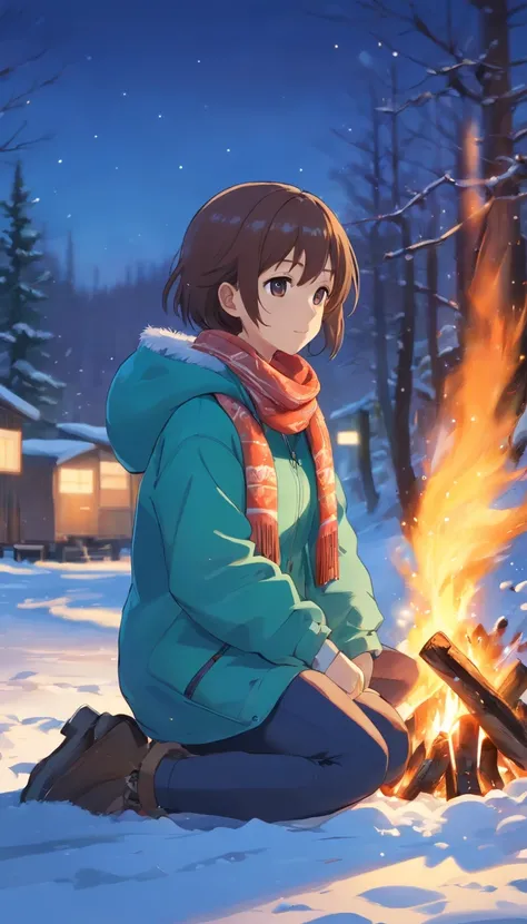 A little girl in a down jacket camps by the river，Winter is snowy，The girl drilled wood for the fire，A small fire，Little girl grilling fish over a small fire，wearing gloves，Wear a scarf，The little girl smiled happily，Childrens illustration style，Full body ...