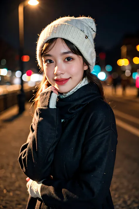 girl of 25 y.o, photo (medium), cap, gloves, hand in pocket, scarf, head scarf, blush, nose blush, smile, casual, winter clothes, winter, snow, wind,night, outdoors, city, cloudy sky, looking at viewer, (masterpiece, best quality, high quality, highres, ul...