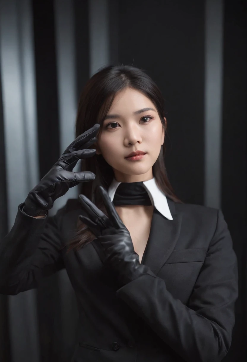 Black recruitment suit with black leather gloves on both hands, Young Japan woman reaching out to us with straight black hair bunched back from dark room