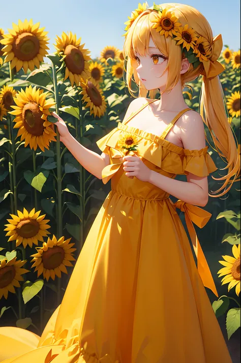 top-quality、Girl wearing a dress made of sunflower petals、full bodyesbian、Angle from the side、is standing、hold the sunflower in front of the chest with both hands,、See the rose in your hand、Yellow shorthair、bare shoulders​、、Big orange eyes、sunflowers field...