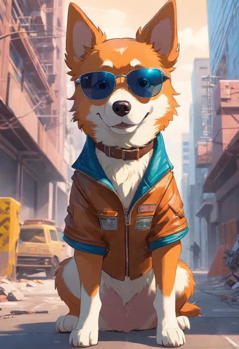 Photo of a dog with sunglasses、trending on artstationh、wearing leather jacket、Ultra-realistic detail rendering、urban style、intimidating pose、Dog Planet、Fashionable clothes、urbansamurai、a Dog、Riding a motorcycle、Moving bricks at a construction site