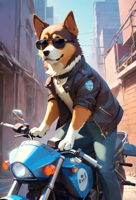 Photo of a dog with sunglasses、trending on artstationh、wearing leather jacket、Ultra-realistic detail rendering、urban style、intimidating pose、Dog Planet、Fashionable clothes、urbansamurai、a Dog、Riding a motorcycle、Moving bricks at a construction site