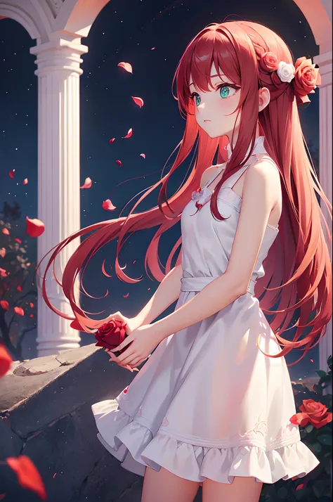 top-quality、Girl wearing dress made of rose petals、full bodyesbian、Angle from the side、is standing、Hold the rose in front of your chest with both hands、See the rose in your hand、Red wavy hair、bare shoulders​、Wrap rose ivy around your arm、Big green eyes、Ros...