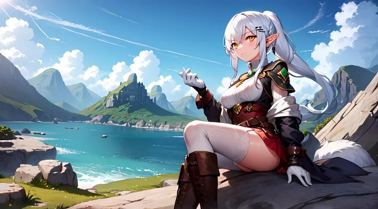 one girl, white hair, yellow eye, elf, medium breast, long ponytail hairstyle, adventure theme, sit on the rock, looking at the star