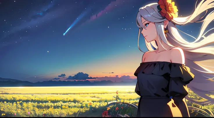 masterpiece, best quality, 1lady, solo, very long white hair, blowing hair, (flowers hair ornament), earrings, night, Vast sky, beautiful skyline, fireflies, fantasy, off shoulder blue dress, night scenery, behind view, touching wheat field, close up