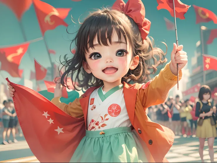 3 years old girl, Hold the Chinese five-star red flag, Wave in the square to celebrate the National Day, blue-sky,