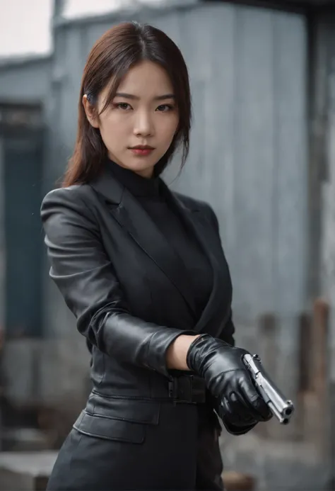 Japan girl in black suit holding gun with two hands in black leather gloves