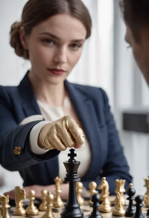 Pointing to a chess piece, a womans hand with a gold button and a shirt is a white navy blue blazer sleeve and a black leather glove.