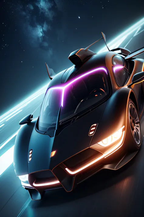 futuristic car flying through the night skies