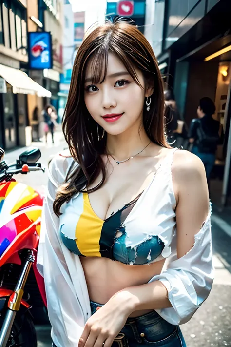 (White shirt emphasizing torn chest:1.3),(Torn and tattered damaged jeans:1.3),large full breasts,piercings,a necklace,(Sheer and revealing costumes:1.3, ),(Girl riding colorful custom painted motorcycle through futuristic city:1.3), Glossy light brown and...