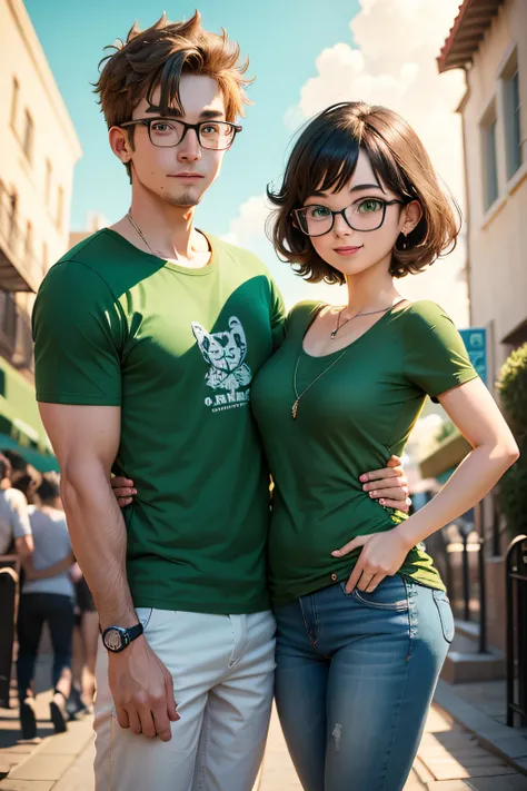 cute couple, cartoon style, imagination, boy with green shirt, girl with glasses, celebrating anniversary, excitement, romantic