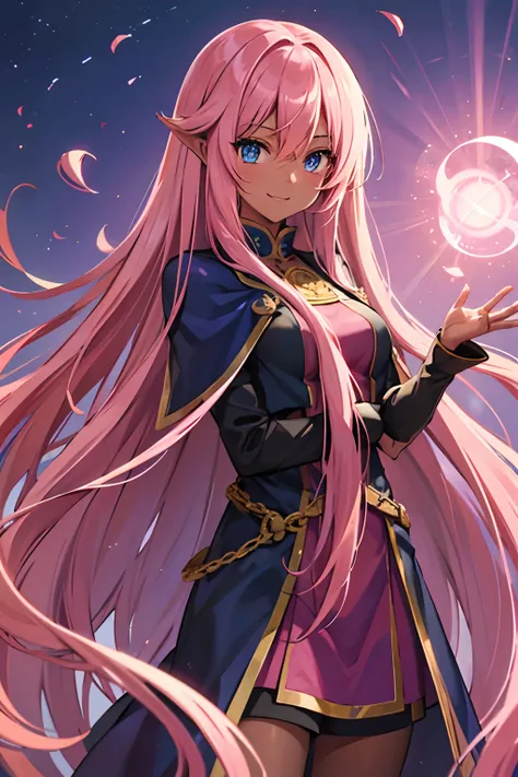 extremely long pink hair, dark skin, blue eyes, combat mage outfit, very_long_hair, wave, smile