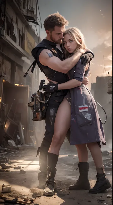 (ultra-detailed,highres,masterpiece:1.2),war zone doctor,blonde man and purple-haired woman embracing,gunshot wounds,blood,stethoscope,medical bag,overwhelming emotions,ruined buildings,smoke,flickering lights,dramatic scene,hopeful expressions,empathetic ...