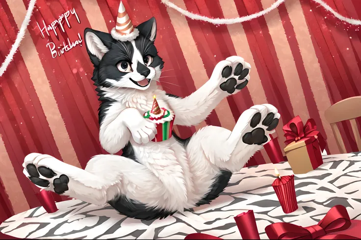 Solo:1.3, Leo, black and white cat, at a party, festive room, looking happy, mouth open, 4 legs, looking determined (4 toes on each paw:1.2), simple eyes, well drawn eyes, cute paws for hands, holding a small birthday cake, wearing a cute party hat