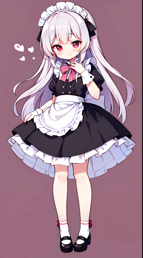 8K picture quality，silber hair,Red-eyed girl,cute little ,Long hair,Heartwarming,a miniskirt,Lolita,A smile,Thumbnail styles，maid clothes，fluffly，full body Esbian,Embarrassed expression,pink sky background,is standing,cute background