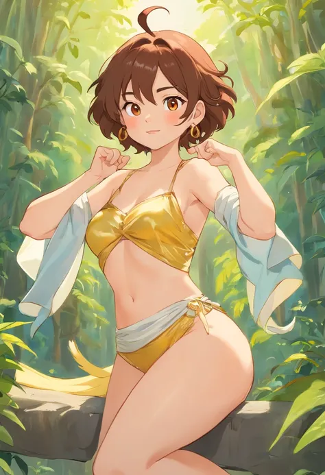 1人の女の子, Angelito, brown leather, curl hair dark brown, cuerpo delgado. vestimenta blanca, top blanco con detalles dorados, bare belly and collarbone, falda larga por debajo de las rodillas, cuerda dorada amarrando la cintura, Bufanda roja en la cintura cen...