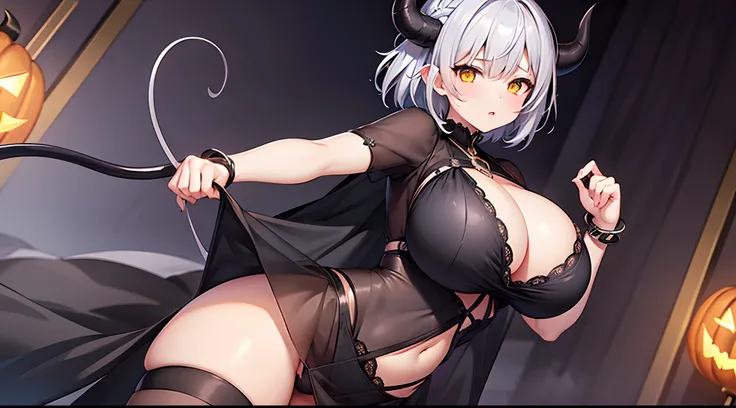 1 girl, game CG, see-through black dress, cleavage visible, navel visible, black panties, devils tail, devils horns, bangles, gigantic breasts, silver hair, short hair, french braid, yellow eyes, Halloween background,