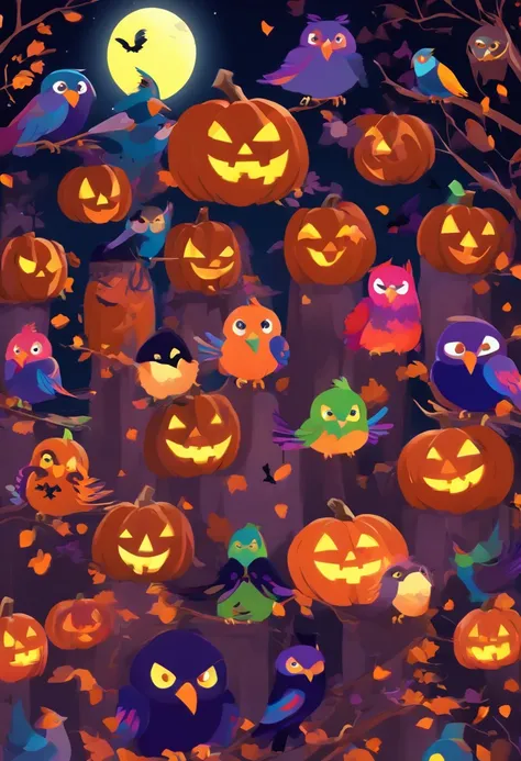 Halloween in Glory with Treetops, Lighthearted and festive Halloween, Treetops and vibrant Halloween, The Treetops Are the Witches Servants,Fun Halloween with Birds, Whimsical Halloween with birds, Lively Halloween landscape, Colorful Halloween with birds,...