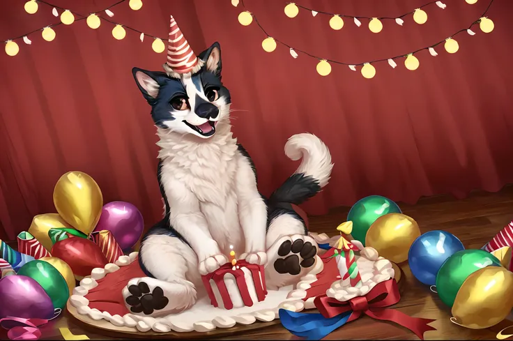 Solo:1.3, Leo, black and white cat, at a party, festive room, looking happy, mouth open, 4 legs, sitting, (4 toes on each paw:1.2), simple eyes, well drawn eyes, cute paws for hands, holding a small birthday cake, wearing a cute party hat