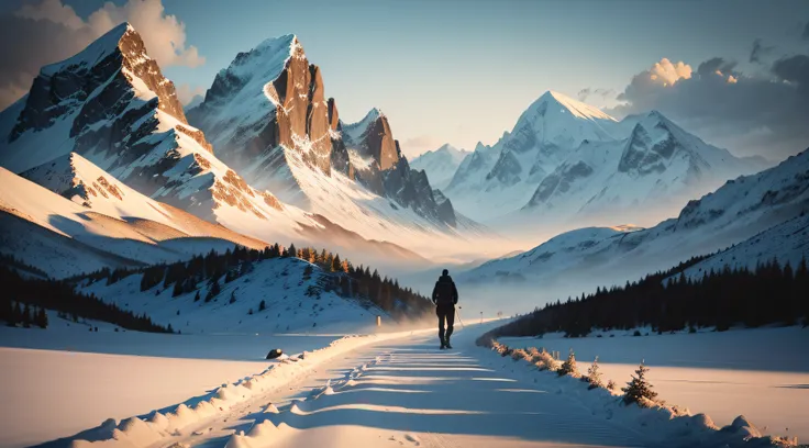 create a silhouette of a man walking on a path towards a mountain, symbolizing the journey of life and the challenges that come with it. The path could be filled with symbols representing different virtues of Stoicism.