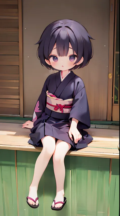 (Best Quality,4K,High resolution), girl with, Purple mesh hair on black hair, Boyish short hair,Bery short hair， Comical appearance，deadpan，cold eyes，comic strip，animesque，Comical illustration，Sit neatly and neatly，kimono，komono，hakama，busy，Deformed cute i...