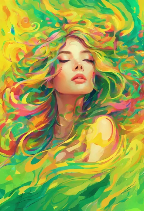 ((top-quality, 8K)), (Realistic), (Face Focus: 1.1), (Yellow and green: 1.3), Kawaii Girl, Hair fluttering in the wind, Facing to the side, Eyes closed, (nudde: 1.1)、D Cup Breasts、