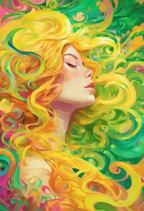 ((top-quality, 8K)), (Realistic), (Face Focus: 1.1), (Yellow and green: 1.3), Kawaii Girl, Hair fluttering in the wind, Facing to the side, Eyes closed, (nudde: 1.1)、D Cup Breasts、