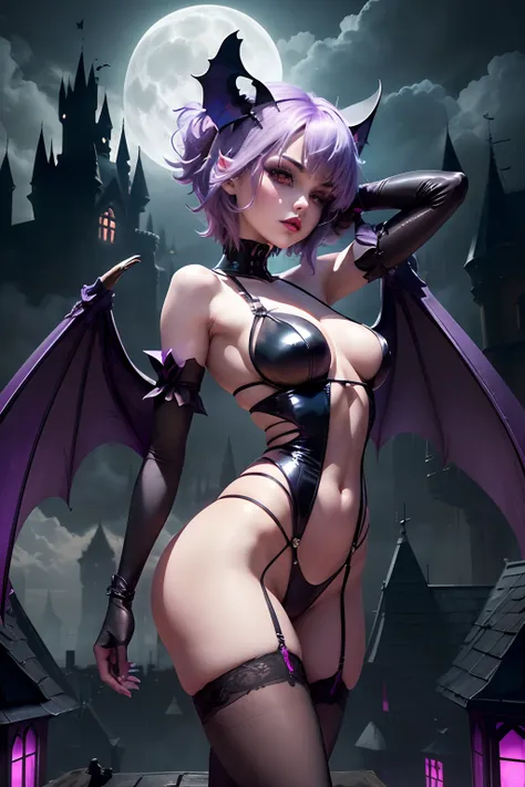 ((Lillith aensland from darstalkers series))(she has big glowing green eyes)(bright red lips) (((very short straight light purple hair)))(dark eyeshadows make up)((small breasts)) (perfect slim body) (wears black tiny string leotard, purple gloves purple g...