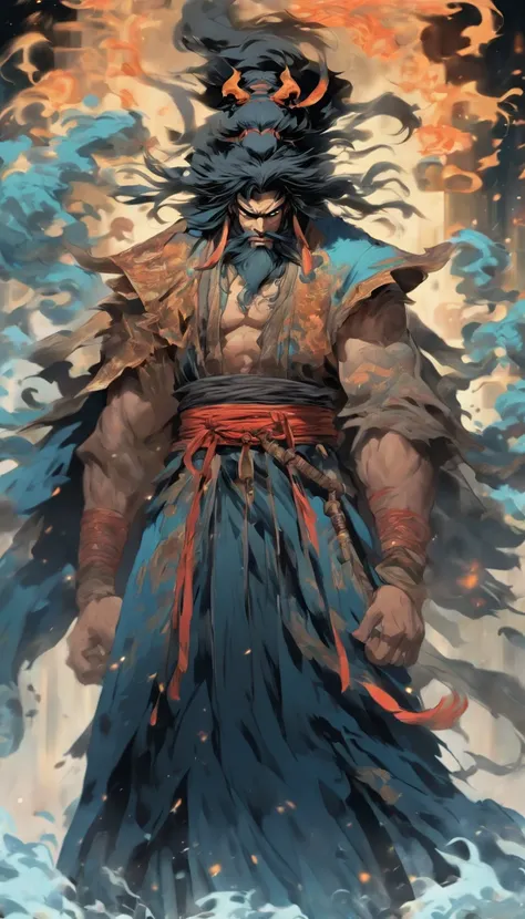 middle aged man, Evil painting style, hight resolution, black colored hair, Half of the demon body and half of the demons face, chinese warrior, Delicate three-dimensional blue flame demon face, beard, Wearing a hat, anger expression, Perfect body proporti...