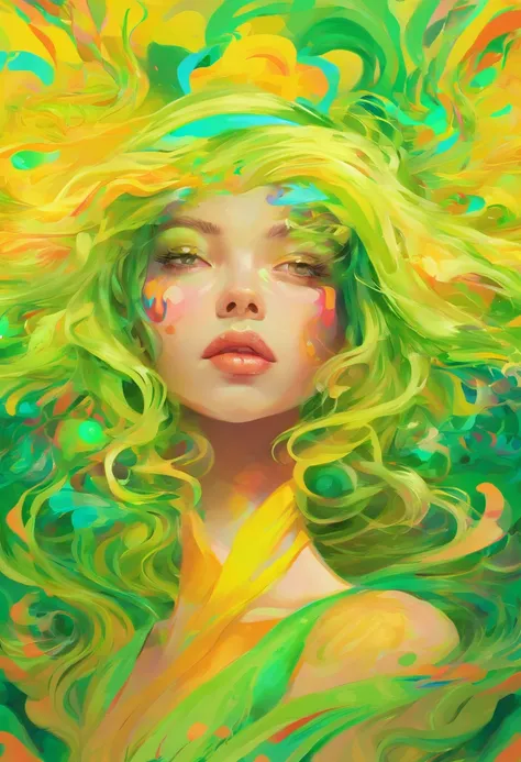 ((top-quality, 8K)), (Realistic), (Face Focus: 1.1), (Yellow and green: 1.3), Kawaii Girl, Hair fluttering in the wind, Facing to the side, (nudde: 1.1)、D Cup Breasts、