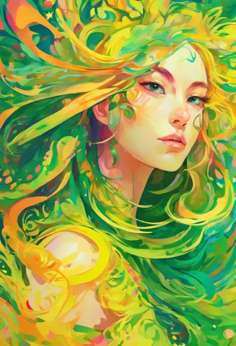 ((top-quality, 8K)), (Realistic), (Face Focus: 1.1), (Yellow and green: 1.3), Kawaii Girl, Hair fluttering in the wind, Facing to the side, (nudde: 1.1)、D Cup Breasts、