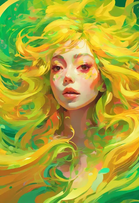 ((top-quality, 8K)), (Realistic), (Face Focus: 1.1), (Yellow and green: 1.3), Kawaii Girl, Hair fluttering in the wind, Facing to the side, (nudde: 1.1)、D Cup Breasts、