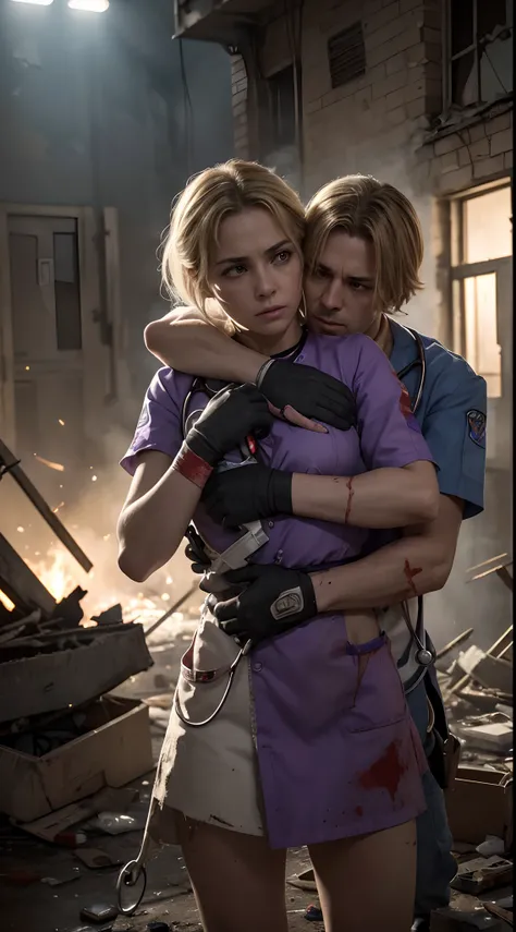 (Ultra-detailed,A high resolution,Masterpiece:1.2),Theater doctors,Blonde man and purple woman hugging,shot wounds,Blood,stethoscope,Medical Bag,Overwhelming emotions,ruined buildings,Smoke,flashing lights,dramatic scene,A hopeful expression,Empathetic eye...