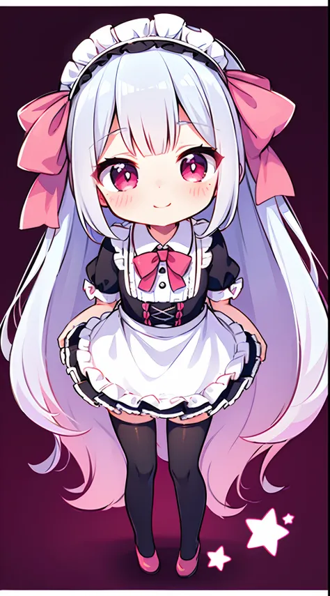 8K picture quality，silber hair,Red-eyed girl,cute little ,Long hair,Heartwarming,a miniskirt,Lolita,A smile,Thumbnail styles，maid clothes，fluffly，full body Esbian,Embarrassed expression,pink sky background,cute background