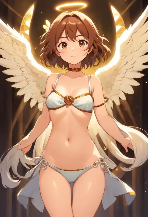 1人の女の子, angel, brown leather, curl hair dark brown, cuerpo delgado, atributos femeninos ligeros. vestimenta blanca, top blanco con detalles dorados, bare belly and collarbone, falda blanca larga, cuerda dorada amarrando la cintura, corona de espigas dorada...