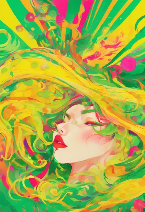 ((top-quality, 8K)), (Realistic), (Face Focus: 1.1), (Yellow and green: 1.3), Kawaii Girl, Hair fluttering in the wind, Facing to the side, D Cup Breasts、