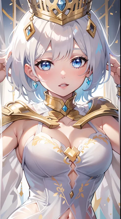 Adult woman, short white hair, blue eyes, transparent queen dress, golden elements, sleeveless, large breasts, open breasts, hiquality, 4k, HD, Good detail