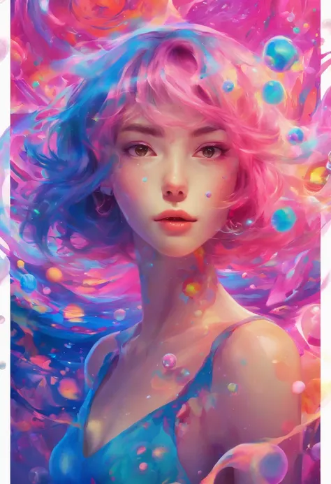 ((top-quality, 8K)), (Realistic), (Face Focus: 1.1), (blue and pink: 1.3), Kawaii Girl, short-hair, 
Hair fluttering in the wind, Facing to the side, Look up at your face, Eyes closed, (Sleeveless: 1.1)、Skirt, D Cup Breasts, Countless soap bubbles,