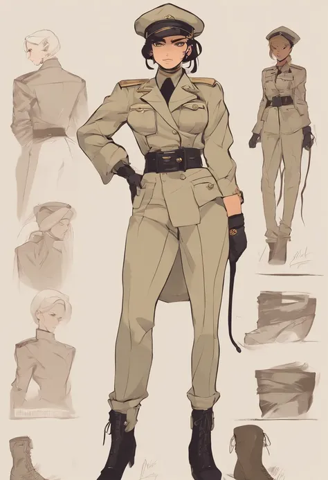 Elegant Sitted Army Female officer wearing army camouflaged uniform , makeup, mascara, Lips are overdued, colored, Minimalism, monotone, simple color palettes, Clean, sharp designs, flowing silhouettes, high-waisted belt, asymmetrical, geometric, Elegant a...