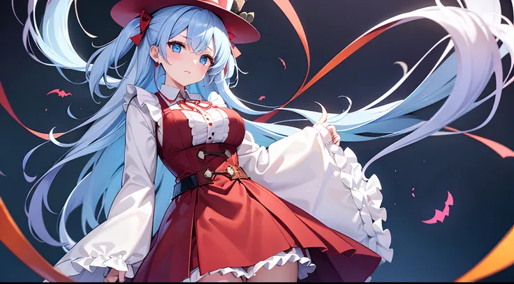 1 girl, game CG, frilled white shirt, short red skirt, cloak, top hat, neck ribbon, gigantic breasts, light blue hair, middle hair, two side up, blue eyes, Halloween background,