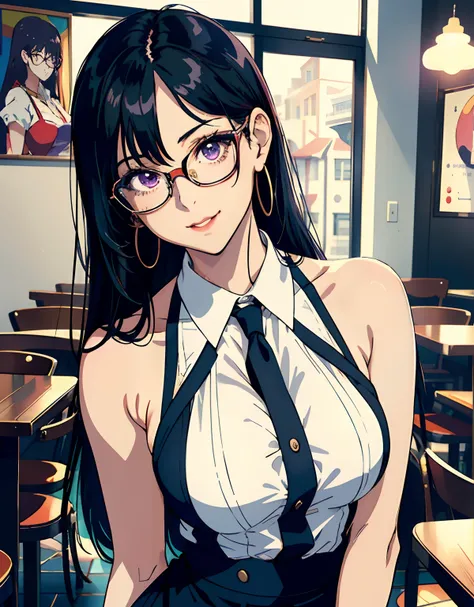 ((masterpiece, best quality)), (1girl, anime girl in the cafe, retro style),(mature), (solo), (female focus), (black hair, straight hair),purple eyes, glasses,((sexy waitress, exposed shoulder)), pale skin, smile, portraits, close up, upper body, vibrant c...