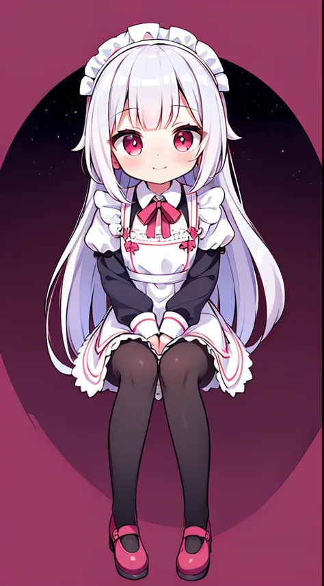 8K picture quality，silber hair,Red-eyed girl,cute little ,Long hair,Heartwarming,a miniskirt,Lolita,A smile,Thumbnail styles，maid clothes，fluffly，full body Esbian,Embarrassed expression,pink sky background,cute background