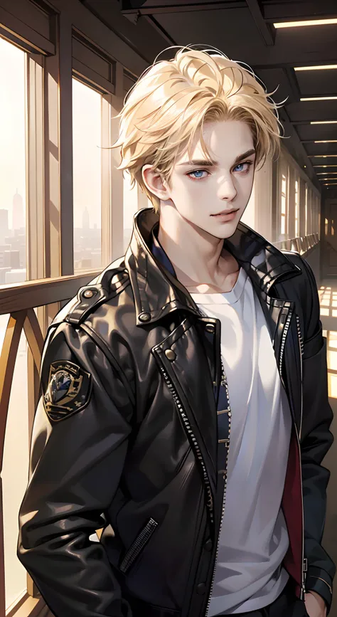 (tmasterpiece, high resolution, ultra - detailed:1.0), (1 boy, Young male), Eyes looking at the camera, Perfect male body, Delicate eyes and delicate face, Extremely detailed CG, 8K wallpaper, Complicated details, solo person, (School clothes, Leather jack...