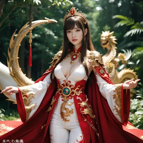 (Fight fiercely with dragons)、top-quality、​masterpiece、超A high resolution、（White Dragon Armor）、dragon armor、(Wearing a beautiful crown made of jewels),(Photorealsitic:1.4)、Raw photo、女の子1人、Golden hair、glowy skin、(((Chinese Dragon)))、（Gorgeous Jewelry Neckla...