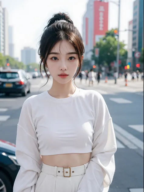 A Korean girl wearing white top random hairstyle 8k ultra HD quality