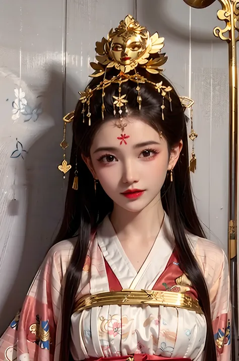 closeup of portrait,one-girl,ancient chinese clothing,single hairbun,(giant gold hairsticks on the head:1.5),